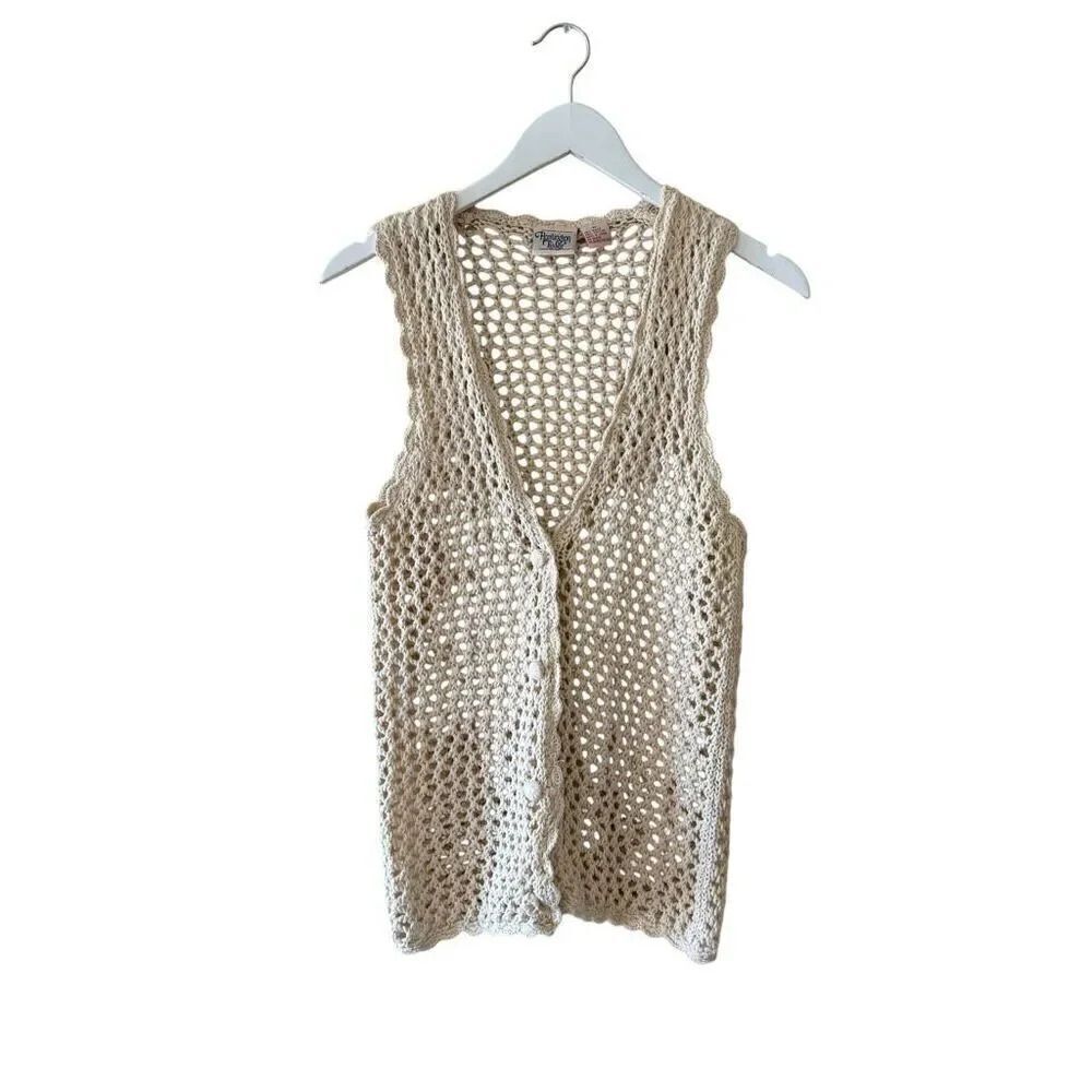 Huntington Ridge Ramie Cotton Cream Botton Boho Festival Crochet Vest M # 2244
